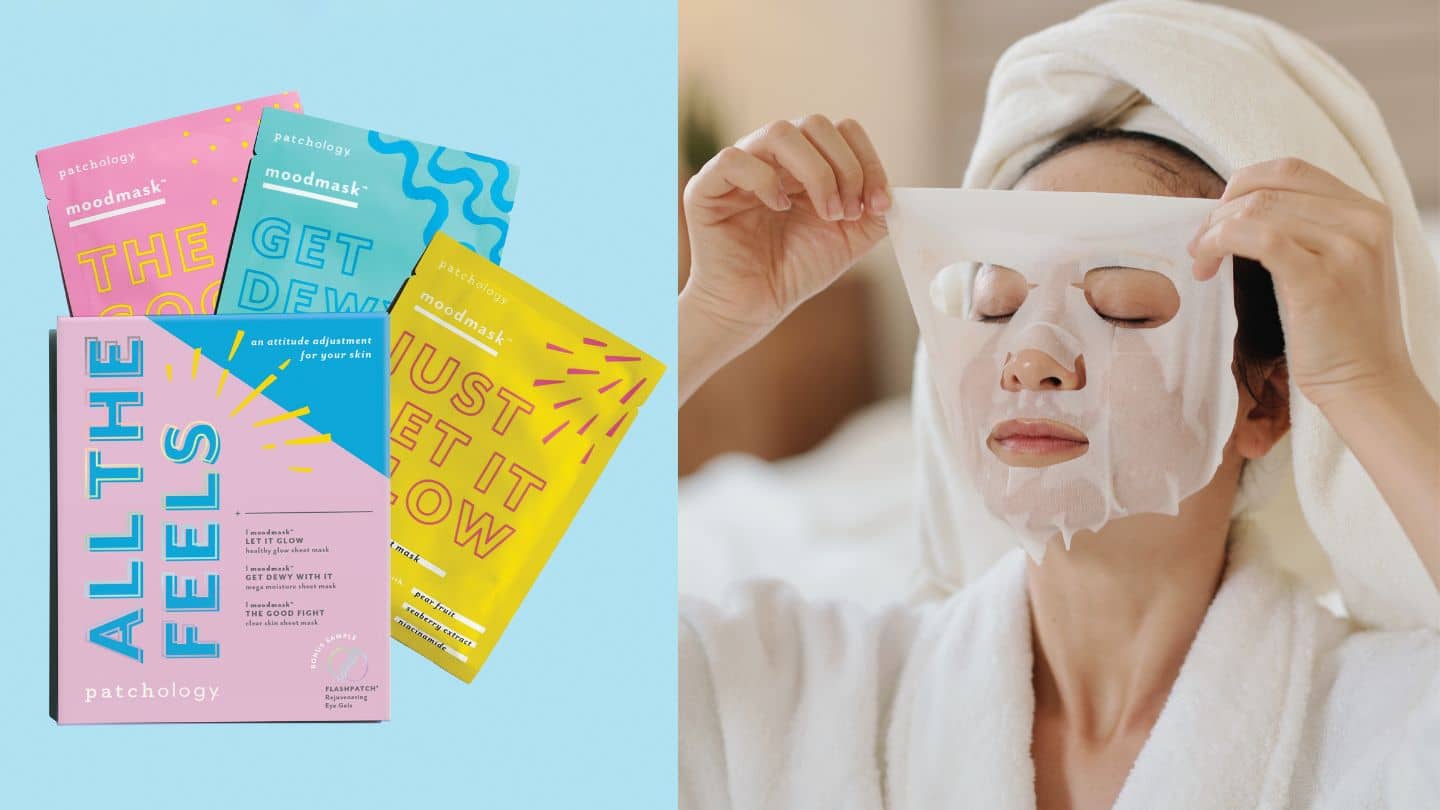 woman wearing sheet mask hydrate and exfoliate